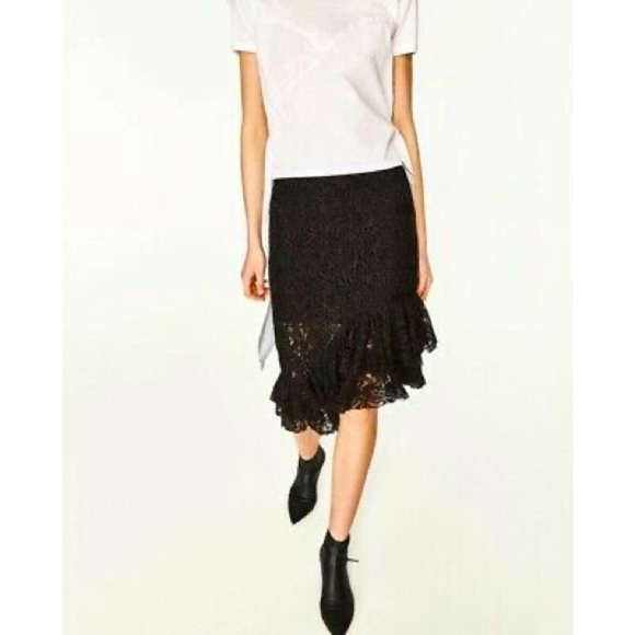 Zara Dresses & Skirts - 🌼 BOGO❗️ZARA asymmetrical Lace black Ruffle Frill Midi skirt 3184/002